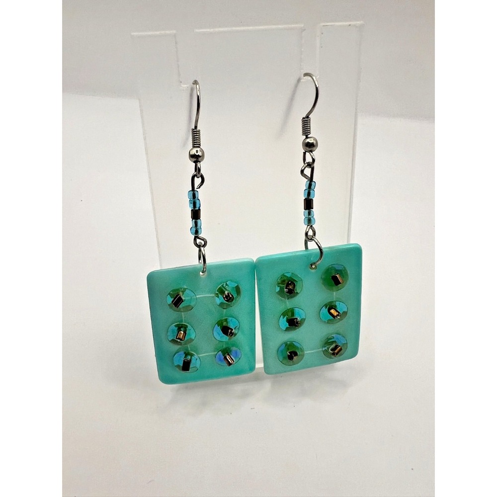Artisan Aqua Square Sequin Dangle‎ Earrings Coastal Festival Sparkle FunHandmade